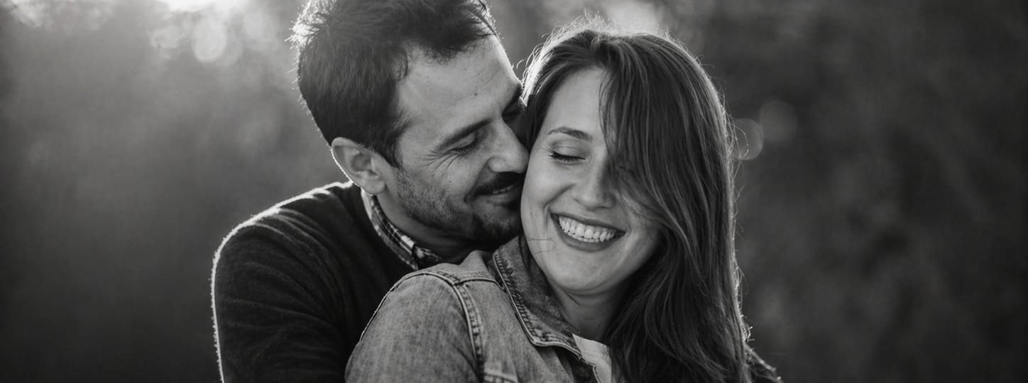 María y Jose abrazados, retrato en blanco y negro